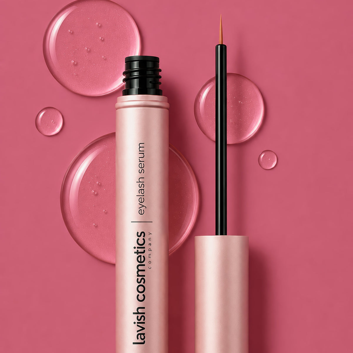 The lash illusion tube beside drops of its clear gel on a rose ground